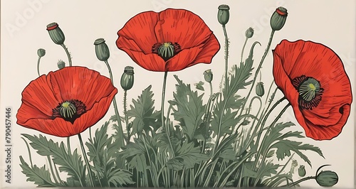 A stunning vintage inspired linocut illustration, poppy flowers photo