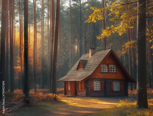 A small cabin in the woods with a chimney and a fireplace. The cabin is surrounded by trees and has a cozy, rustic feel