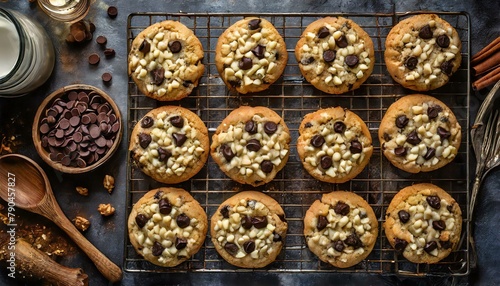 Top view, A tray of freshly baked cookies, with golden-brown edges and gooey centers studded with chocolate chips, cooling on a wire rack.