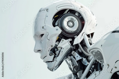Advanced AI robot in Neo-Futuristic style, with white and silver dynamic forms