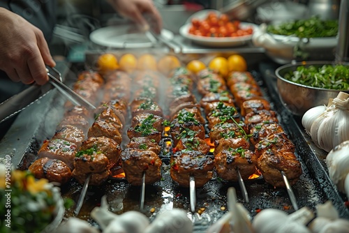 Person grilling meat skewers on grill for Sate Kambing or Suya dish photo