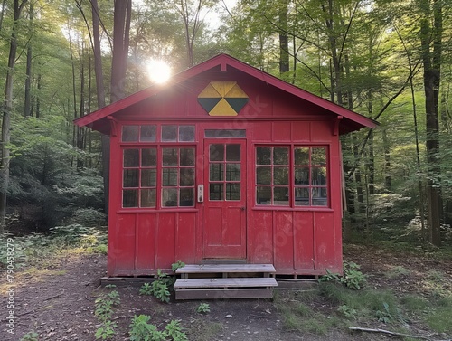 A red cabin with a yellow cross on the roof. The cabin is surrounded by trees