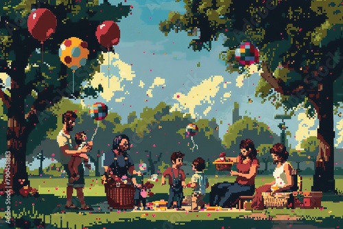 Illustrate a whimsical pixel art scene of a family picnic in a park  with each family member portrayed in a unique  detailed way  surrounded by playful elements like balloons and picnic baskets