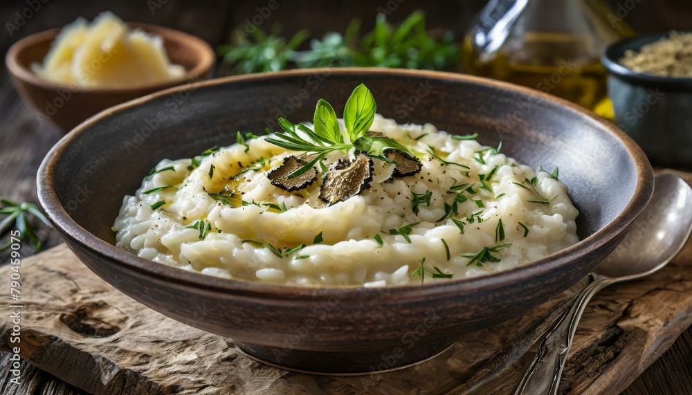 Top view, A bowl of creamy risotto, cooked to perfection with Arborio rice, white wine, and Parmesan cheese, garnished with fresh herbs and a drizzle of truffle oil.