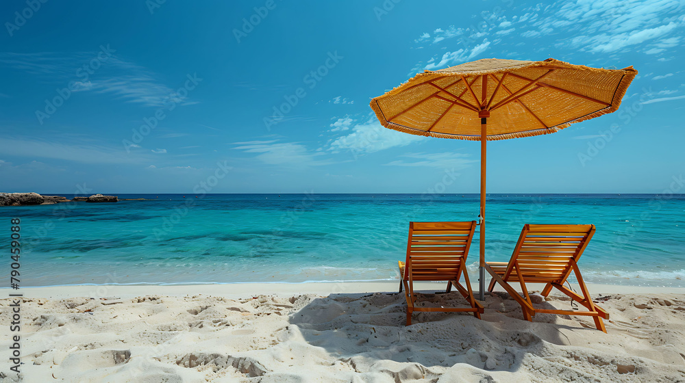 Beach umbrella with chairs for summer travel holidays concept 3D Rendering