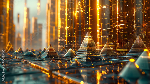 a futuristic golden dark cityscape with structures reminiscent of illuminated digital pyramids
