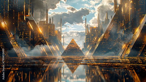 a futuristic cityscape with structures reminiscent of illuminated digital pyramids photo