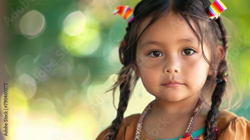 A small Native American girl with two bows in her hair gazes at the camera