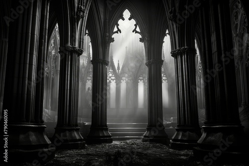 A dark, gothic cathedral featuring towering columns and intricate arches, evoking a sense of mystery and history. Generative AI photo