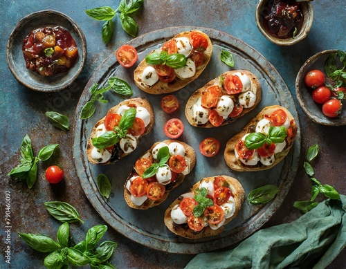 Top view, A platter of assorted bruschetta, featuring toasted bread slices topped with flavorful combinations such as diced tomatoes and basil, creamy goat cheese and fig jam, and tangy balsamic glaze