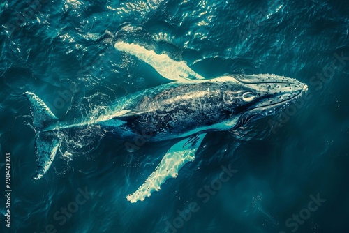A humpback whale gracefully swims underwater in the electric blue ocean