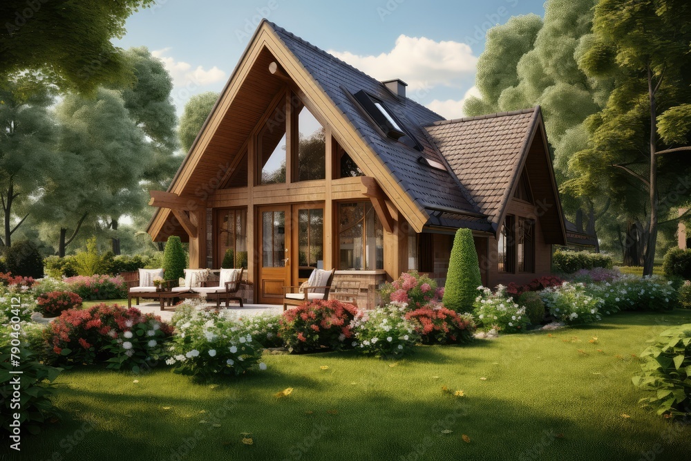 A house positioned in the center of a lush garden, showcasing a serene setting of nature and architecture. Generative AI