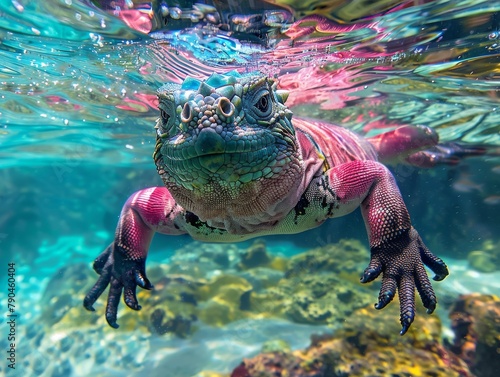 A colorful marine iguana swimming gracefully in crystal-clear waters. photo