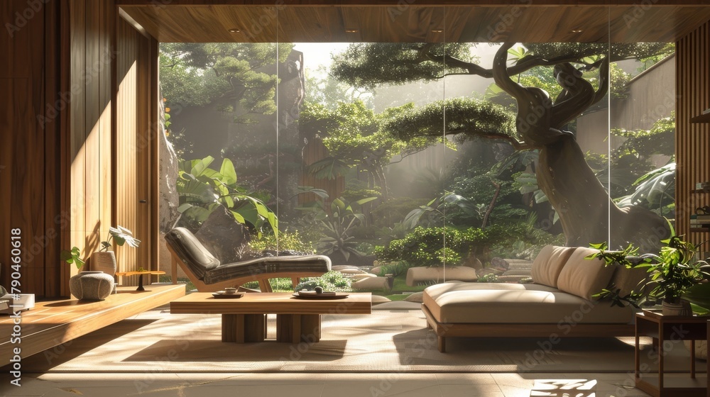 Serene indoor space blending with lush greenery Serene indoor space blending with lush greenery