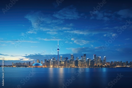 The Toronto skyline is illuminated at night, showcasing a modern cityscape with towering buildings and city lights. Generative AI