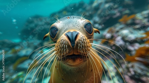 Close-up of a Galapagos sea lion's whiskered face, capturing its curious expression. photo