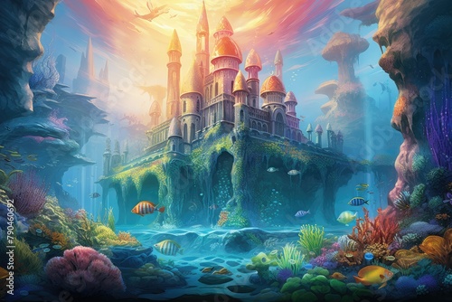 A painting depicting a castle standing within the moat of a body of water, with vibrant colors creating a mystical atmosphere. Generative AI