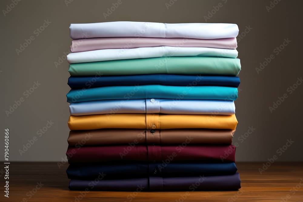 Neatly folded shirts in a stack on a wooden table, ready to be worn or put away. Generative AI Neatly folded shirts in a stack on a wooden table, ready to be worn or put away. Generative AI