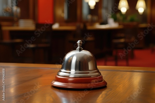 A silver bell is placed on top of a wooden table in a restaurant setting, shallow depth of field. Generative AI