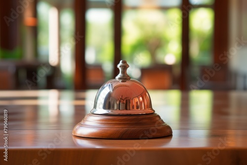 A restaurant bell placed on a wooden table in a restaurant setting. Generative AI photo