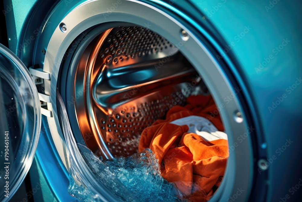 A detailed view of a washing machine with its door open, ready to be loaded or unloaded with laundry. Generative AI A detailed view of a washing machine with its door open, ready to be loaded or unloaded with laundry. Generative AI