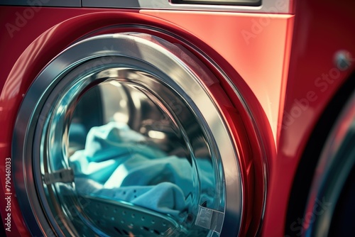 A red washing machine filled with clothes ready for a wash cycle. Generative AI photo