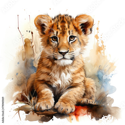 Watercolor Central African Lion , clipart Illustration, Generative Ai photo
