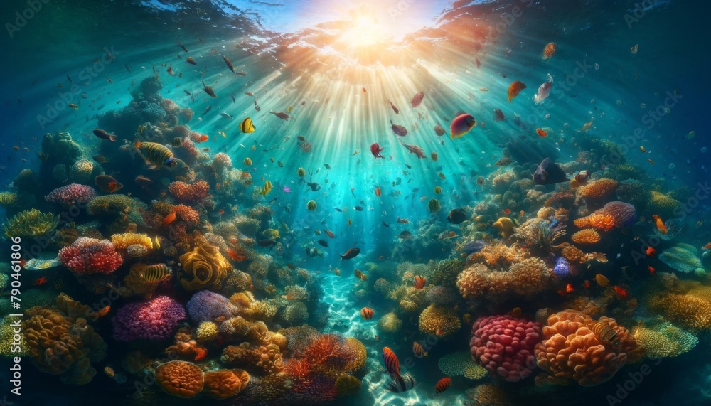 Sunlight Illuminating a Vibrant Coral Reef
