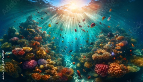 Sunlight Illuminating a Vibrant Coral Reef 