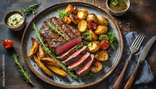 Top view, A mouthwatering steak platter, showcasing juicy grilled steak slices cooked to perfection and served with roasted potatoes, sautéed vegetables, and a drizzle of savory steak sauce.