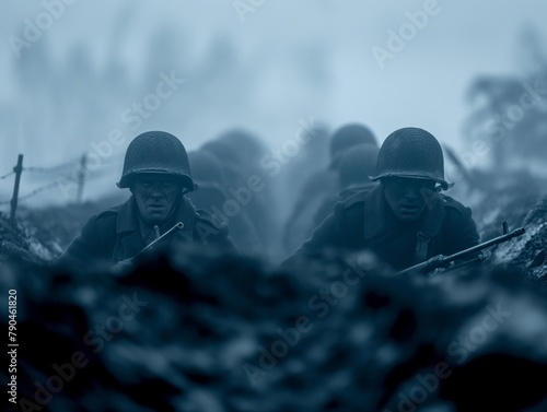 Two soldiers are in a trench with other soldiers behind them. The soldiers are wearing helmets and holding guns. The image has a mood of war and conflict photo