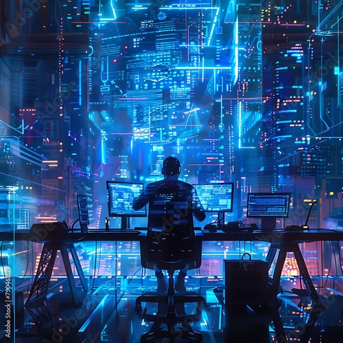 A man sits at his desk in front of the computer, surrounded by digital data and code holograms floating around him