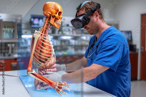 A medical professional uses augmented reality to study human anatomy in a clinical setting.