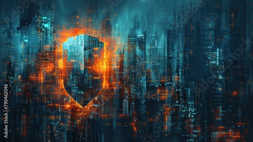 Digital safety through captivating artistic depictions It features a digital shield symbol set against an abstract cyber-themed backdrop. It is a sign of a strong cyber security solution. photo