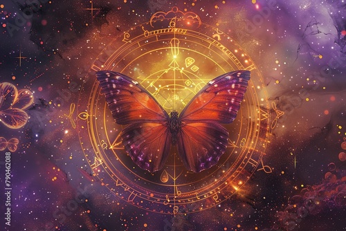 Cosmic orange and purple portrayal of a butterfly through zodiac symbols © Boraryn