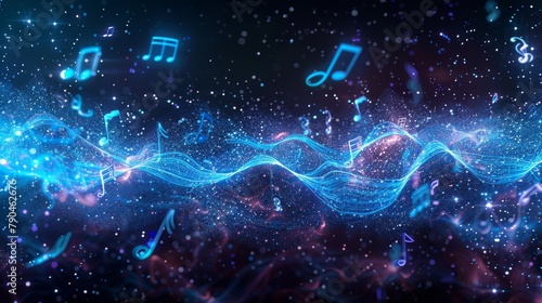 Electrifying symphony of blue sound waves and musical notes in cosmic space © lemoncraft