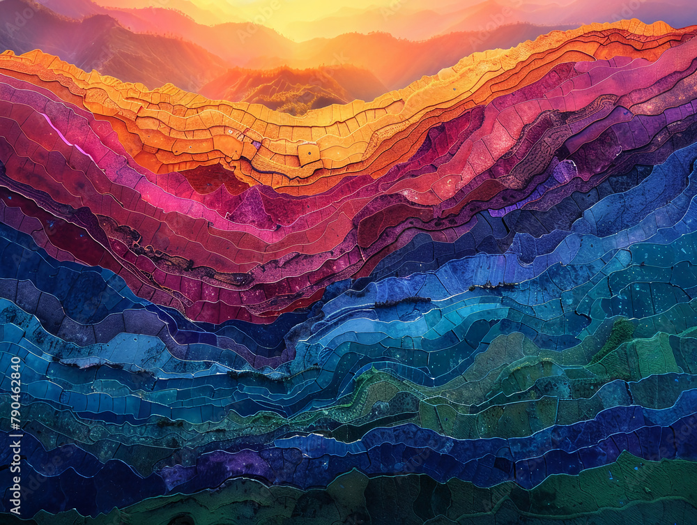 A closeup of the rice terrace in gradient colors, reflecting light and creating an intricate pattern on its surface. The background is a colorful sunset sky with hues of orange, pink, blue, and purple