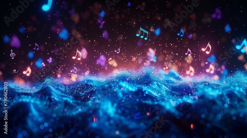 Electrifying symphony of blue sound waves and musical notes in cosmic space photo