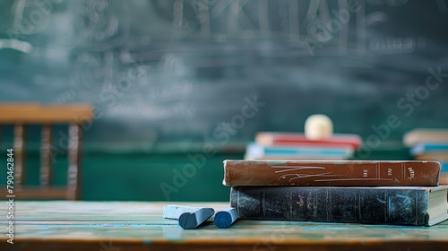Vintage books and chalks on a wooden desk with a blackboard background in a classroom settin