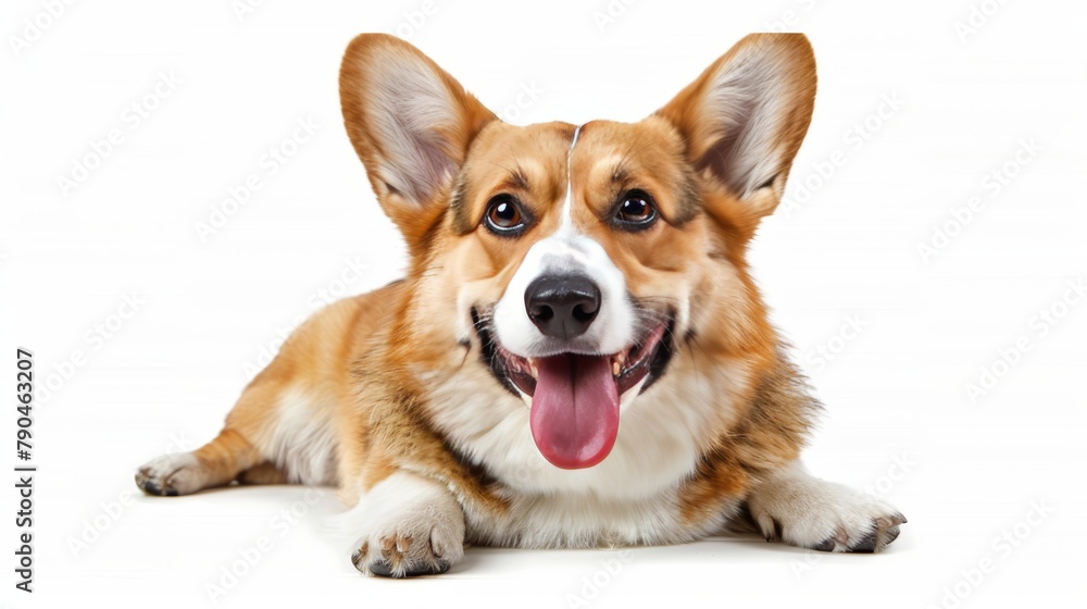 Joyful Corgi dog lying down with a beaming smile and playful attitude on white