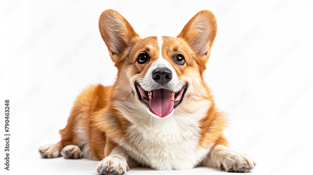 Joyful Corgi dog lying down with a beaming smile and playful attitude on white Joyful Corgi dog lying down with a beaming smile and playful attitude on white