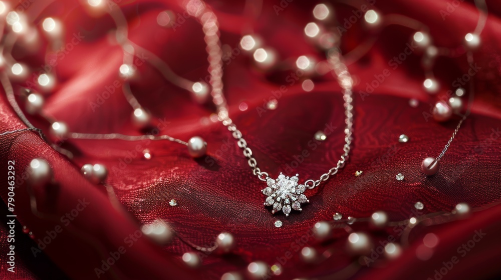Elegance and luxury captured: Ruby pendant on a silk fabric with floral design Elegance and luxury captured: Ruby pendant on a silk fabric with floral design