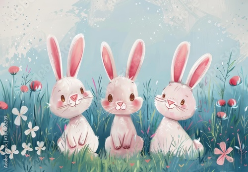 Cute bunnies  adorable bunny art featuring chubby cheeks  expressive eyes. Easter-themed content