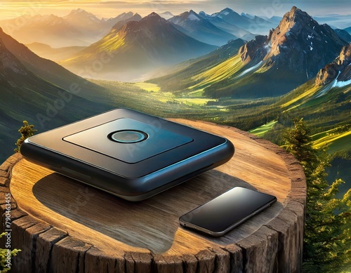 Top view, A wireless charging pad with a smooth, minimalist design, capable of charging multiple devices simultaneously with fast-charging technology. photo