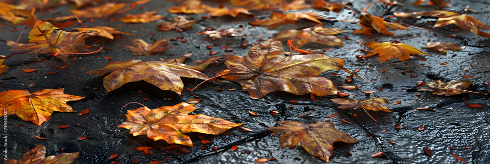 Fallen maple leaves on the sidewalk, Pile of fallen leaves in a yard.
