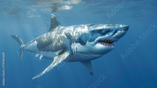Majestic Great White Shark swimming in the serene blue ocean waters © lemoncraft