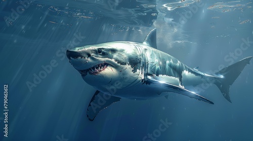 Majestic Great White Shark swimming in the serene blue ocean waters