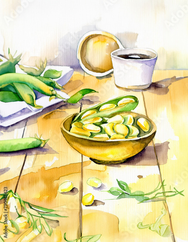 Watercolor of fresh and raw green broad beans on wooden table photo