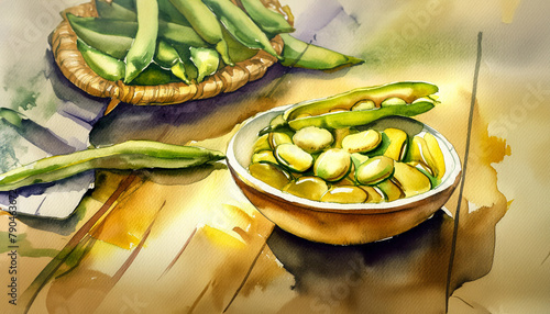 Watercolor of fresh and raw green broad beans on wooden table photo