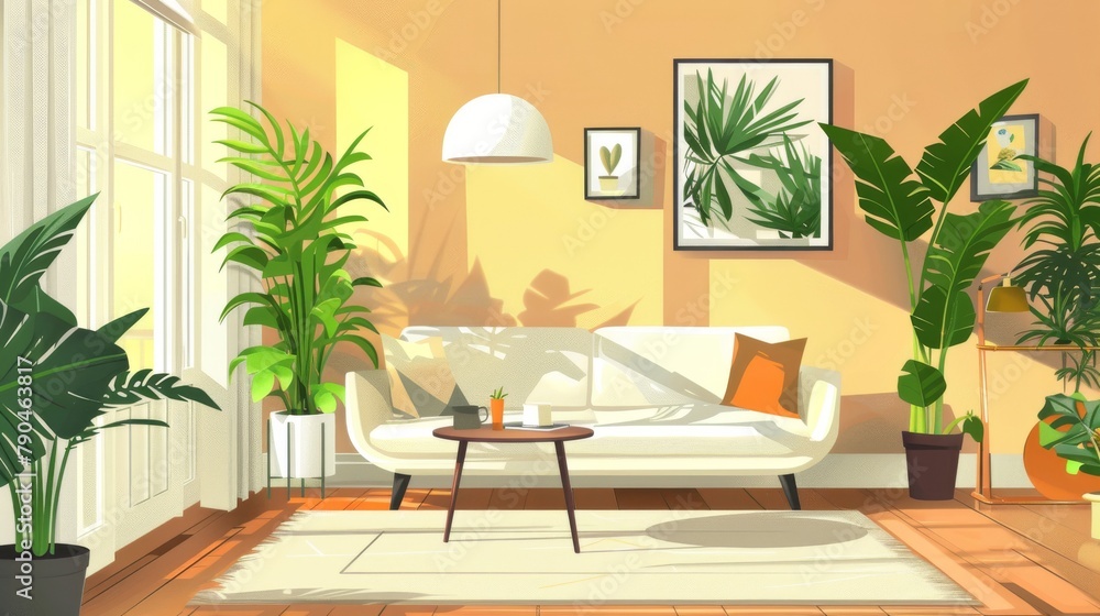 Sunny plant filled living room with a cozy modern vibe Sunny plant filled living room with a cozy modern vibe